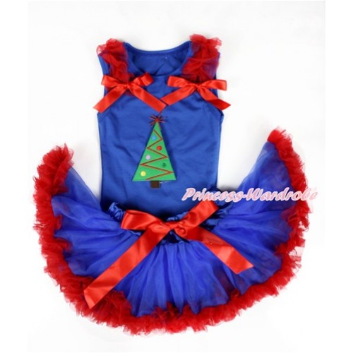 Xmas Royal Blue Baby Pettitop with Christmas Tree Print with Red Ruffles & Red Bows with Royal Blue Red Newborn Pettiskirt NG1331 
